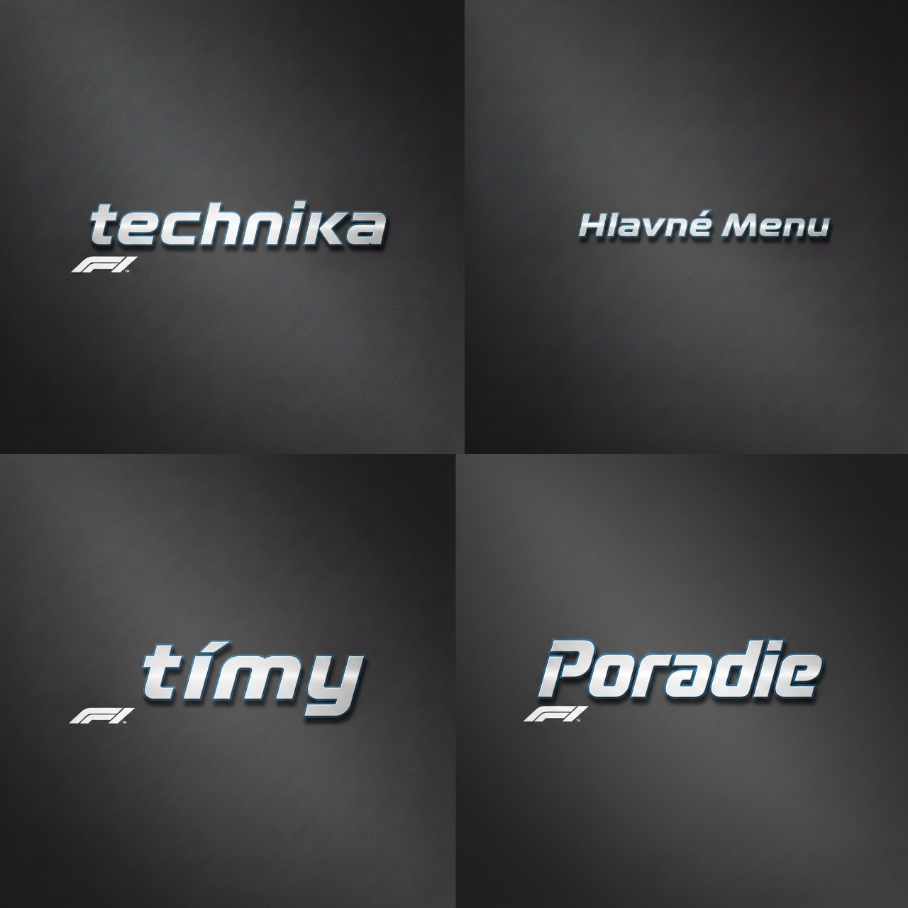 Koláž F1 áut s odkazmi na Techniku, Hlavné Menu, Tímy a Rebríček